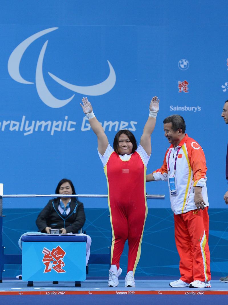 China's Yujiao Tan of China celebrates winning silver in the women's -67.50 kg powerlifting at the London 2012 Paralympic Games.