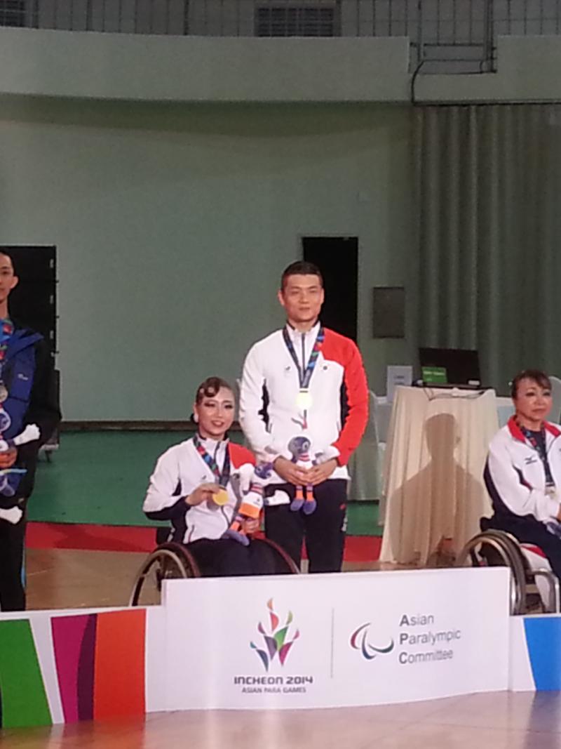 Three couples in training suits on a podium. 