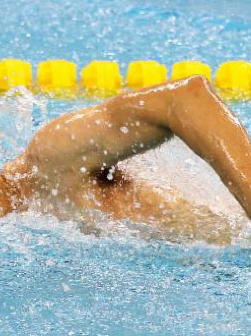 Swimmer in the water taking a breath in freestyle