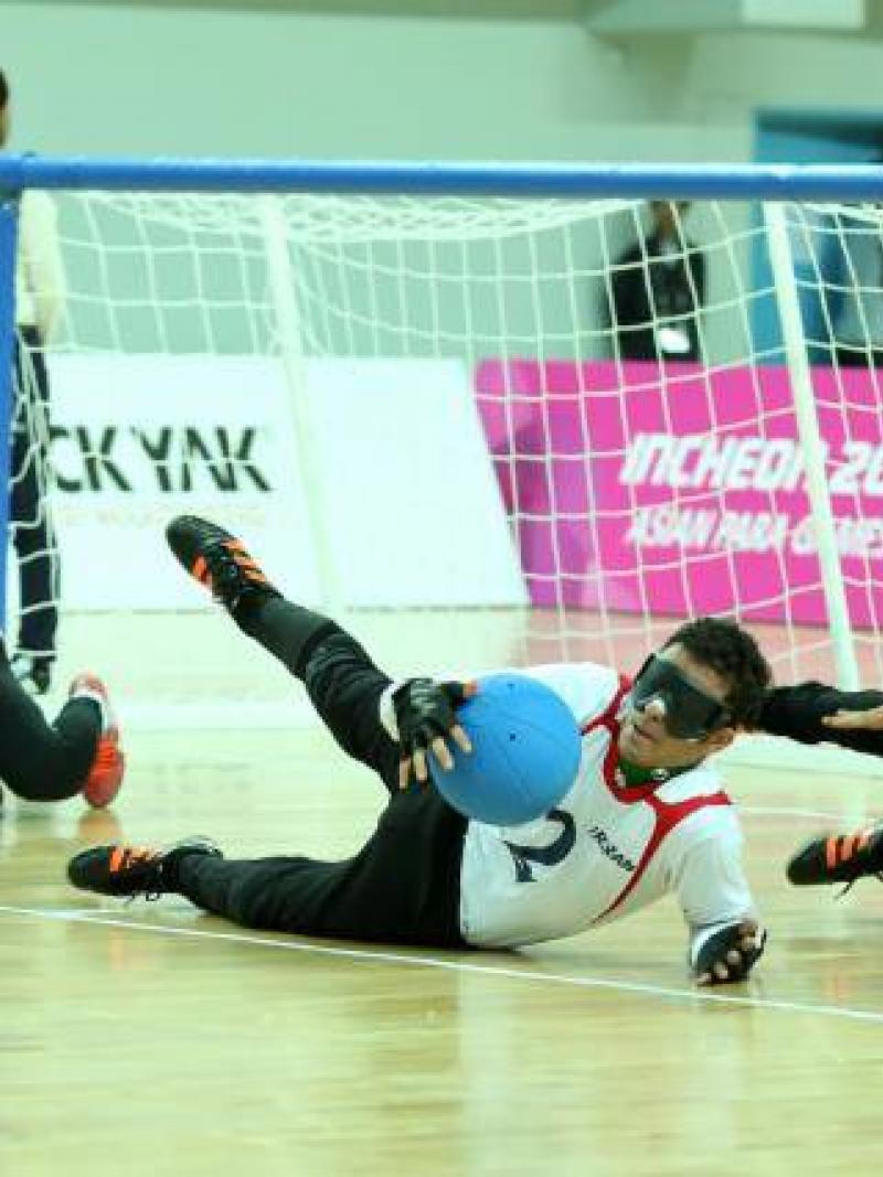 Players from the Iranian goalball team play in the goal medal match at the Incheon 2014 Asian Para Games.