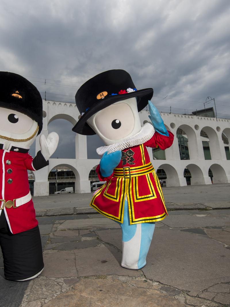 London 2012 mascots Mandeville and Wenlock visit the Rio district of Lapa
