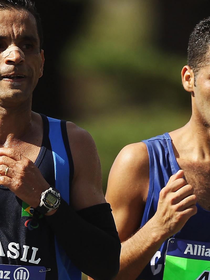 Two men running outside