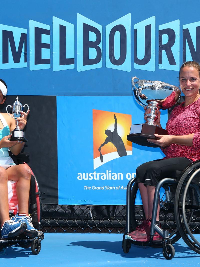 The Netherlands' Jiske Griffioen poses her with her trophy after winning her women's wheelchair singles final against Japan's Yui Kamiji at the Australian Open 2015 Wheelchair Championships.