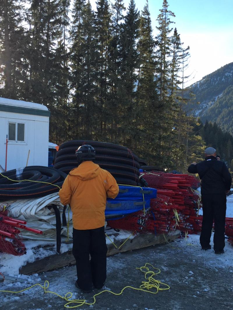 Storage of things necessary to built a race slope for an Alpine Skiing race.