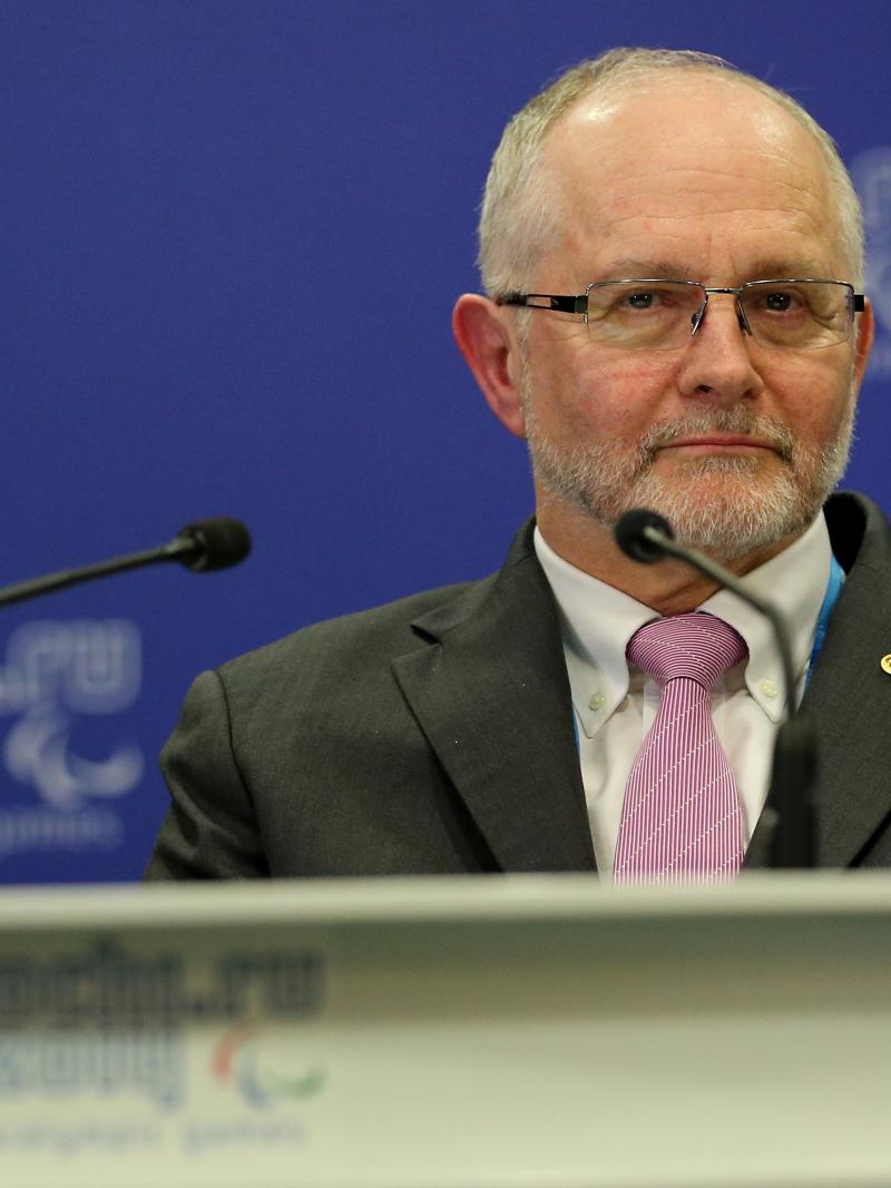 Sir Philip Craven the President of the International Paralympic Committee speaks to the International Paralympic Committee Governing Board prior to the Opening Ceremony of the Sochi 2014 Paralympic Winter Games.