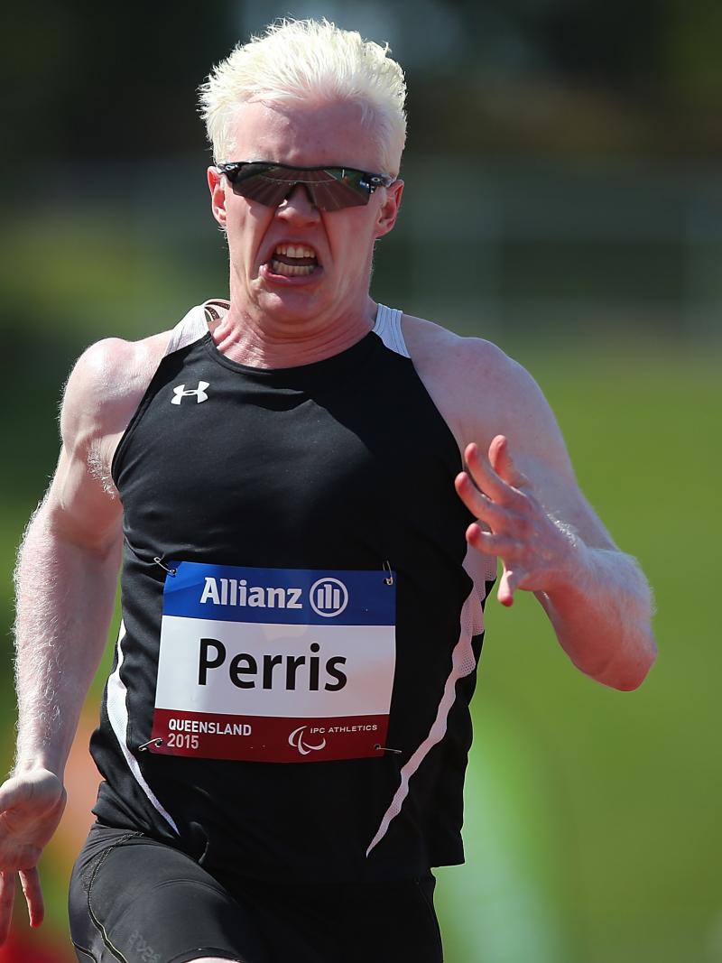 Chad Perris runs in the IPC Athletics Grand Prix Ambulant 100m heats during the Queensland Track Classic.