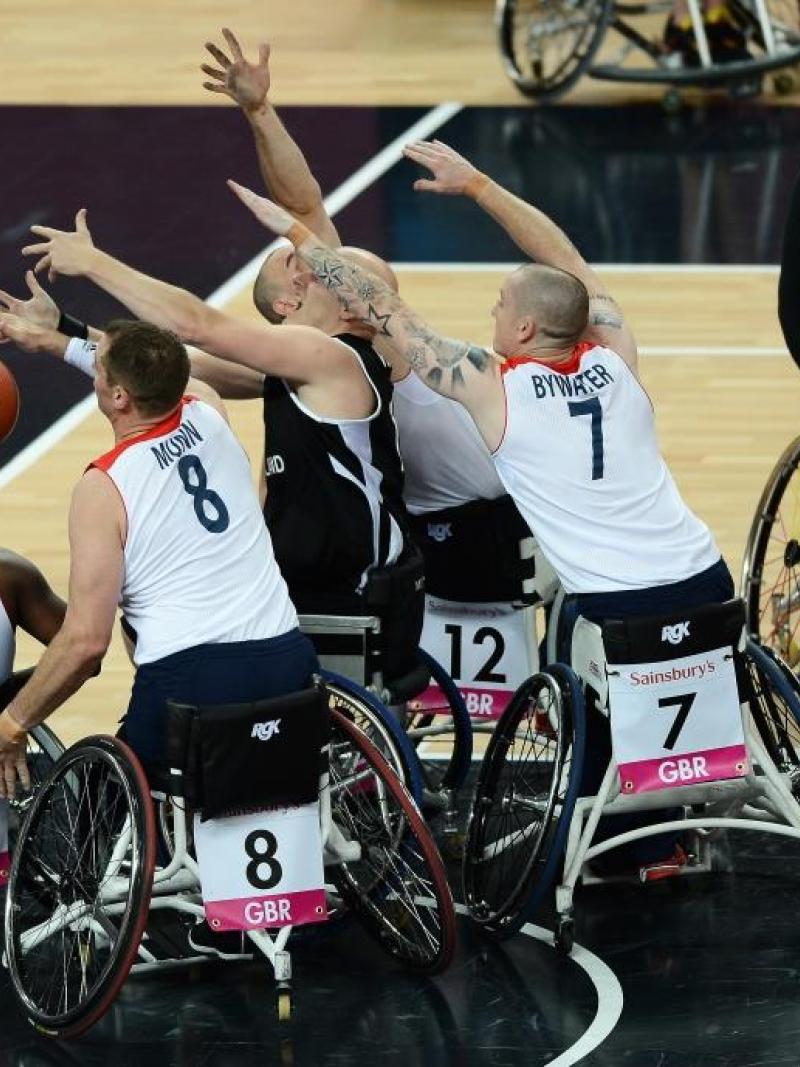 Action from the Wheelchair Basketball match between Great Britain and Germany at the London 2012 Paralympic Games