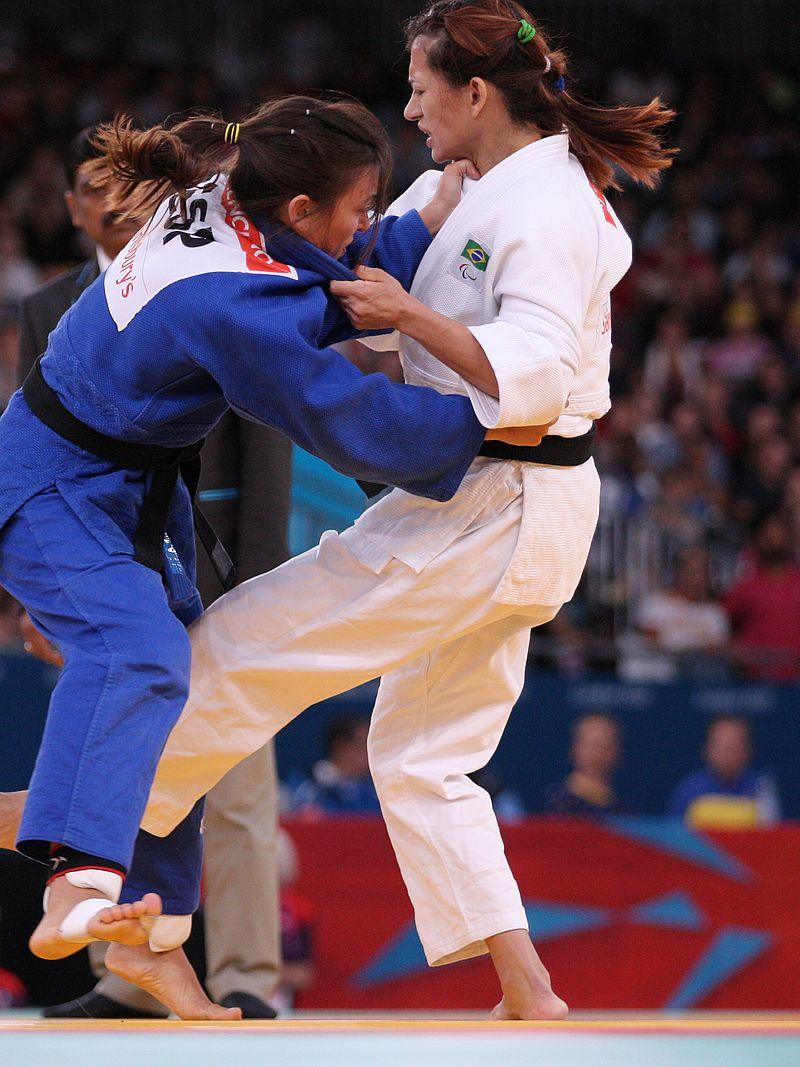 Two female judoka's fighting at the London 2012 Paralympics