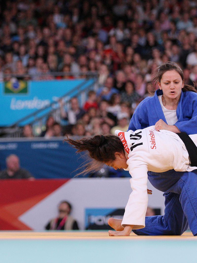 Afag Sultanova of Azerbaijan (blue) defeated Duygu Cete of Turkey in women's -57kg semi-final judo match on her way to the gold medal at the London 2012 Paralympic Games.
