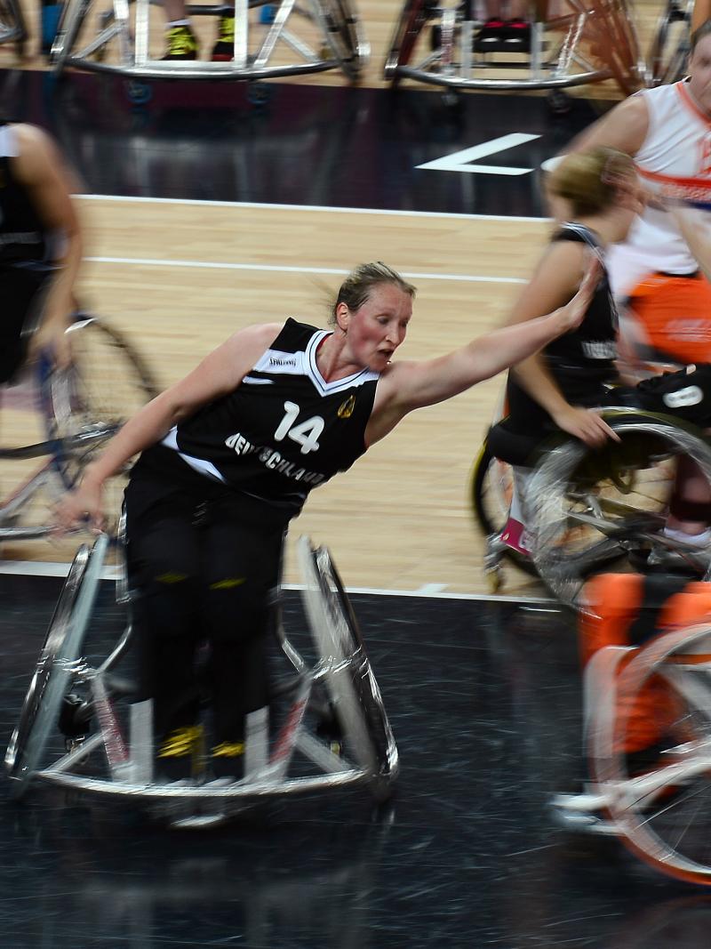 Action during the Women's Wheelchair Basketball semifinal between the Netherlands and Germany at the London 2012 Paralympic Games