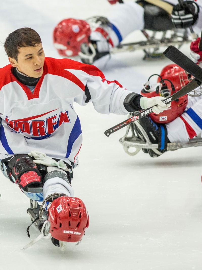Seung-Hwan Jung of South Korea competes at the 2015 IPC Ice Sledge Hockey World Championships B-Pool in Ostersund, Sweden