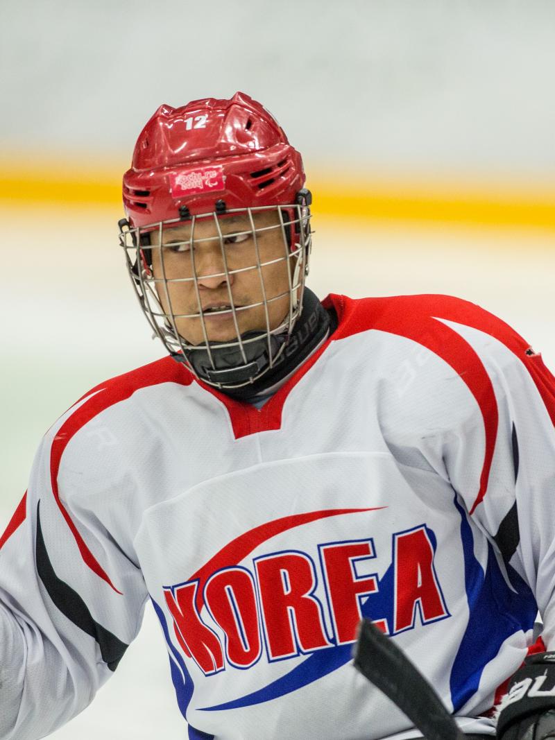 South Korea's Young-Sung Kim in action at the 2015 IPC Ice Sledge Hockey World Championships B-Pool.