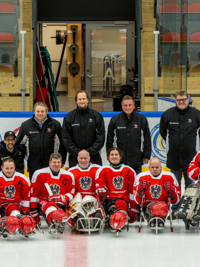 The Austrian Ice Sledge Hockey team at the 2015 IPC Ice Sledge Hockey World Championships B-Pool in Ostersund, Sweden.
