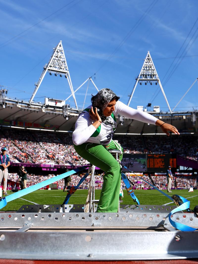 Safia Djelal of Algeria competes in the Women's Shot Put F57/58 final at the London 2012 Paralympic Games