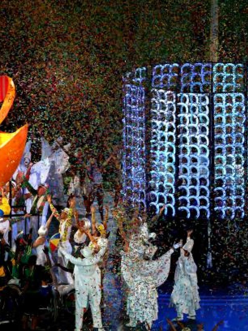 Artists representing Rio 2016 peform during the closing ceremony at the London 2012 Paralympic Games