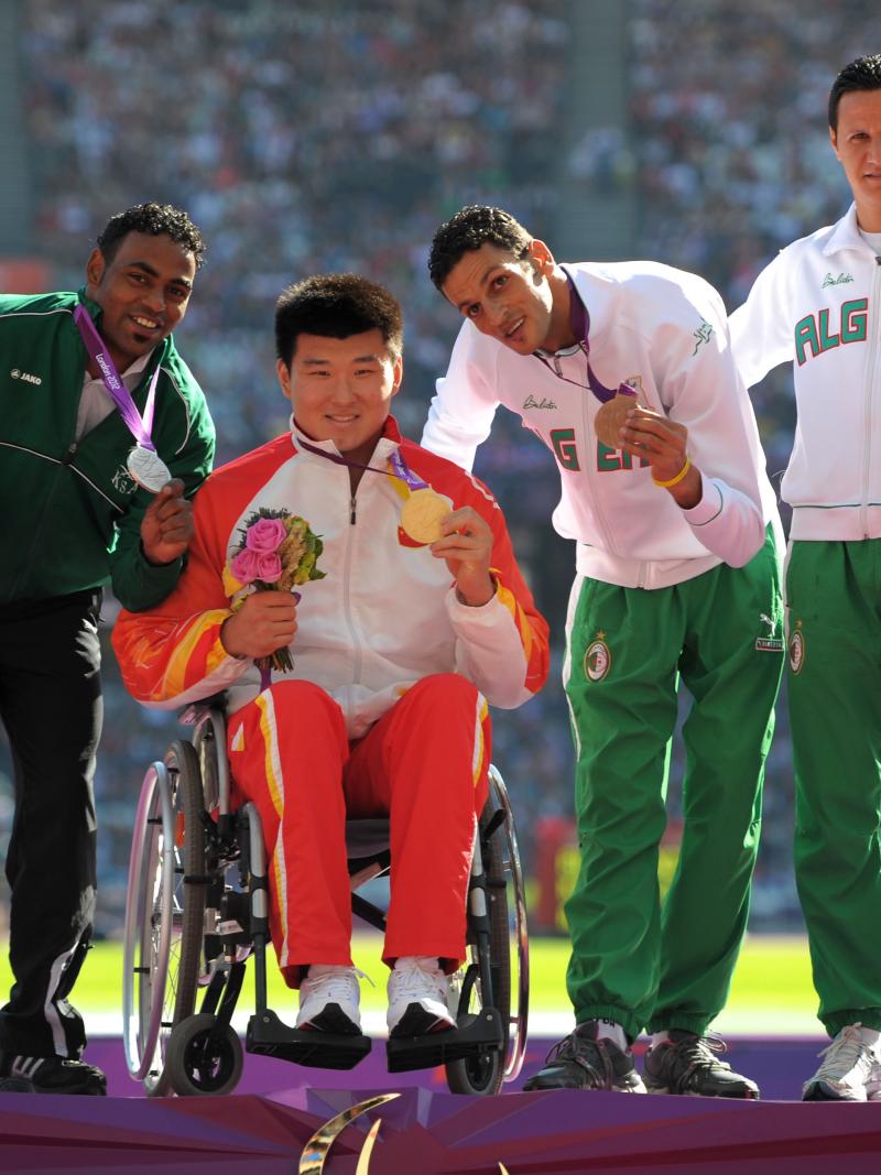 Saudi Arabia's London 2012 silver medallist Hani Alnakhli (left) set a new discus F33 world record at the 2015 IPC Ahletics Grand Prix in Tunis, Tunisa.