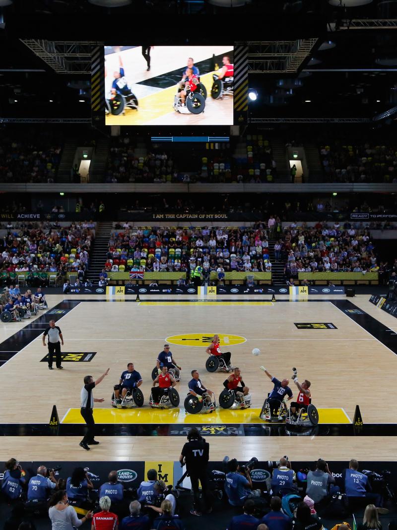 A general view of the action during the Wheelchair Rugby Bronze medal match between Denmark and Australia at the 2014 Invictus Games in London, Great Britain