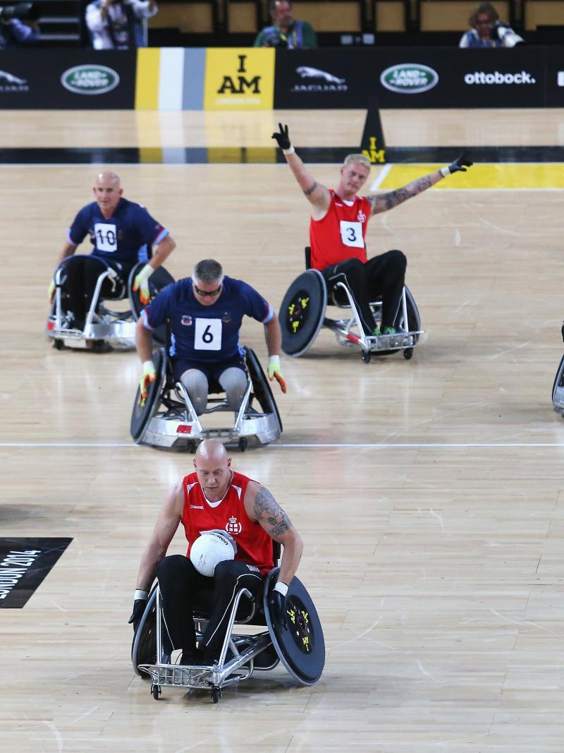 Jens Syberg of Denmark makes a break during the Wheelchair Rugby Bronze medal match against Australia during day 2 of the Invictus Games