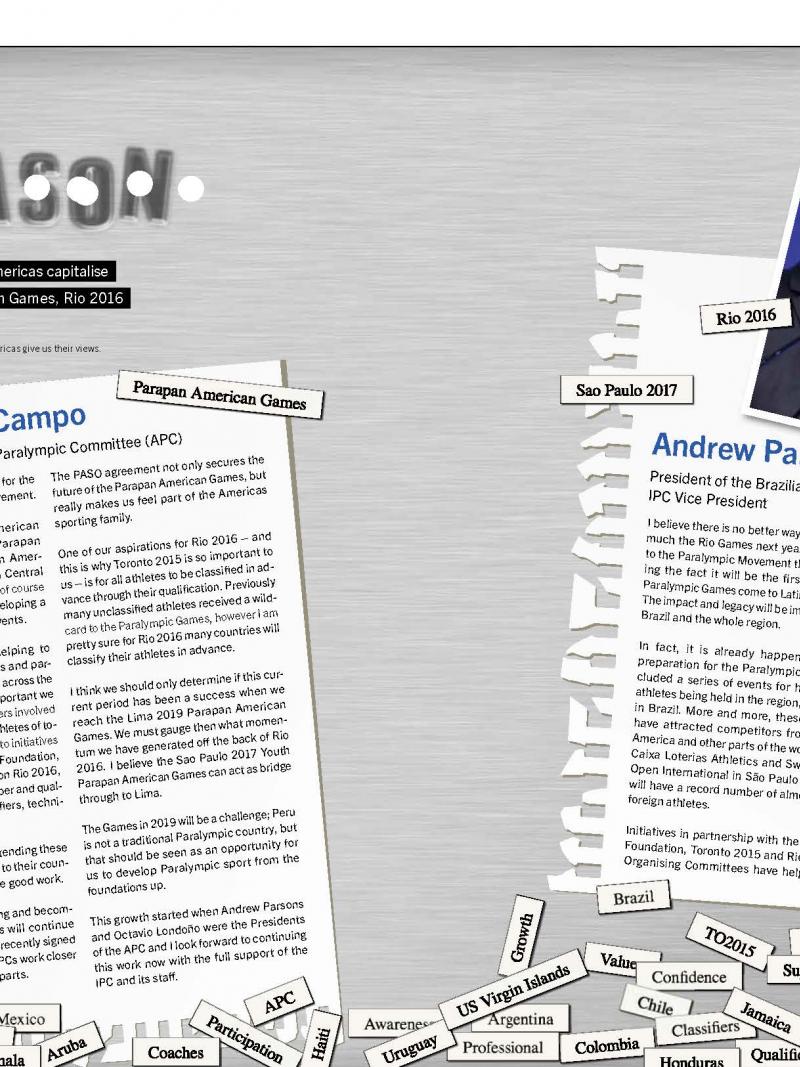 Preview of a magazine Paralympian pages 30 and 31 with the interviews of Jose Luis Campo, president Americas Paralympic Committee and Andrew Parsons, president of the Brazilian Paralympic Committee and IPC Vice President