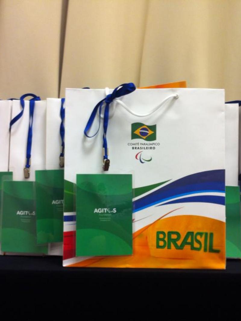 Bags with logos on a table