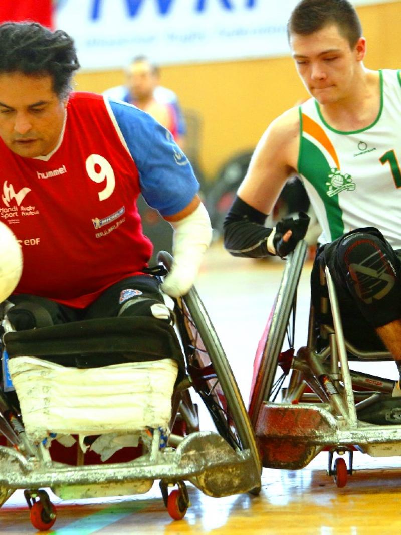 Ireland's Thomas Moylan (10) challenges France's Ryadh Sallem (9) during the IWRF Europe Division B final. 