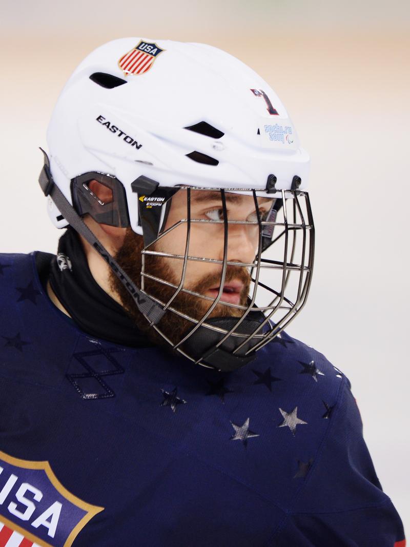 Taylor Lipsett of the United States looks on during the Ice Sledge Hockey Preliminary Round Group A match between the United States of America and Italy at Shayba Arena, Sochi, Russia