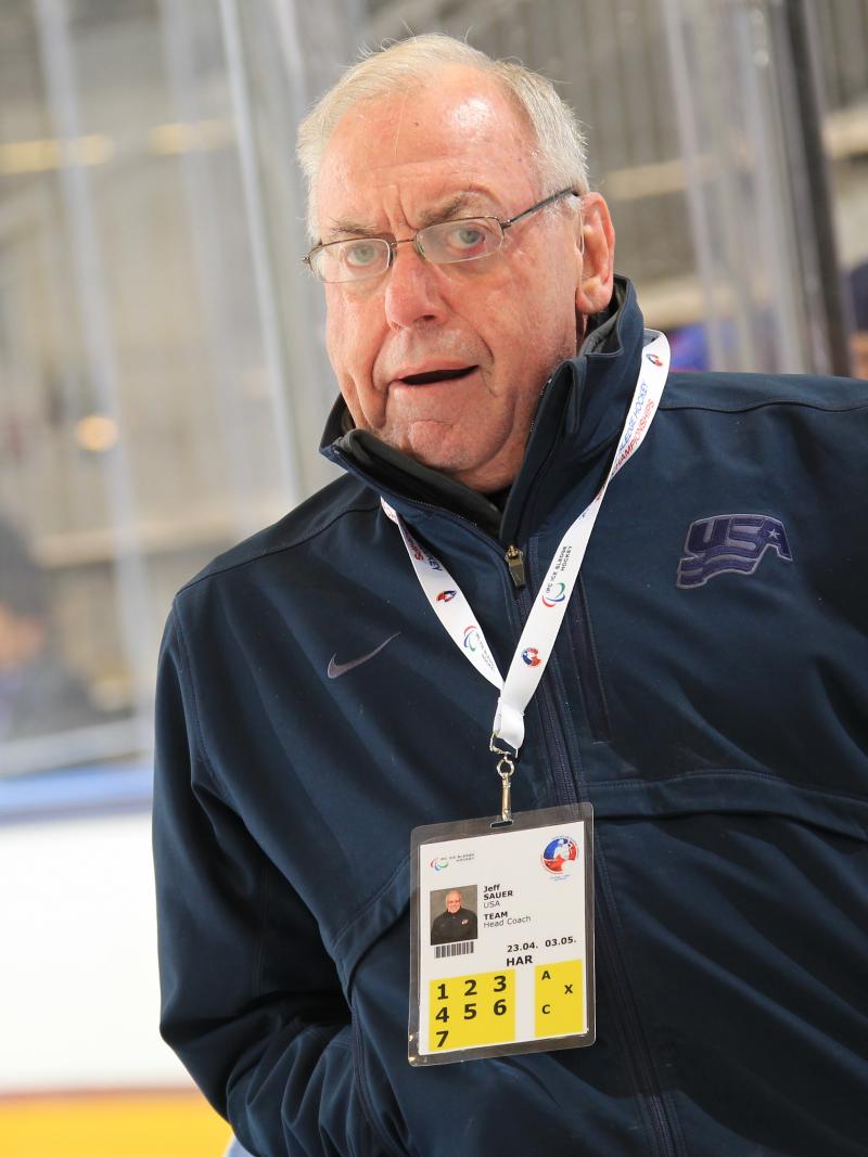 Jeff Sauer, coach of Team USA, in the preliminary game against Germany at the 2015 IPC Ice Sledge Hockey World Championships A-Pool in Buffalo, USA.