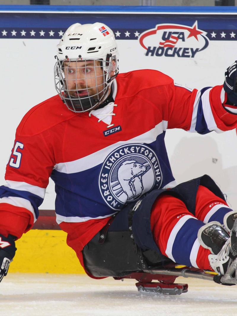 Thomas Jacobsen of Norway competes at the 2015 IPC Ice Sledge Hockey World Championships A-Pool in Buffalo, USA.