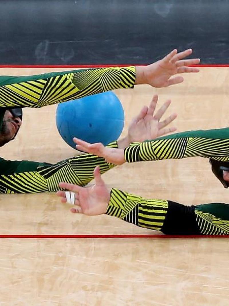 Jose Roberto Ferreira de Oliveira (R) and Romario Diego Marques of Brazil fail to stop a goal during the Men's Group A Goalball match between Finland and Brazil at the London 2012 Paralympic Games. 