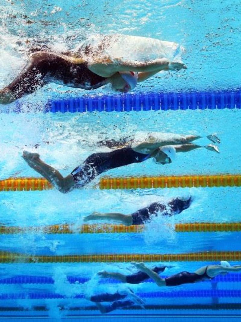 (L-R) Lenka Zahradnikova of Czech Republic, Maryna Shtal of Ukraine, Deborah Font of Spain, Darya Stukalova of Russia, Yaryna Matlo of Ukraine, Raquel Viel of Brazil and Nicole Frycova of Czech Republic compete in the Women's 200m Individual Medley - SM12 heat at the London 2012 Paralympic Games.