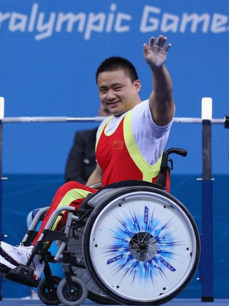 Liu Lei of China celebrates a world record lift and takes gold in the Men's 67.5kg competition at the London 2012 Paralympic Games.