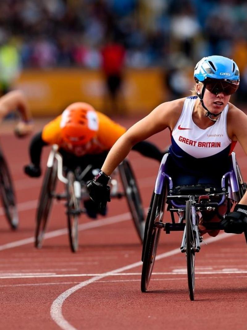 Hannah Cockroft of Great Britain wins the Women's 100m T34 during the Diamond League at Alexander Stadium on August 24, 2014 in Birmingham, England.