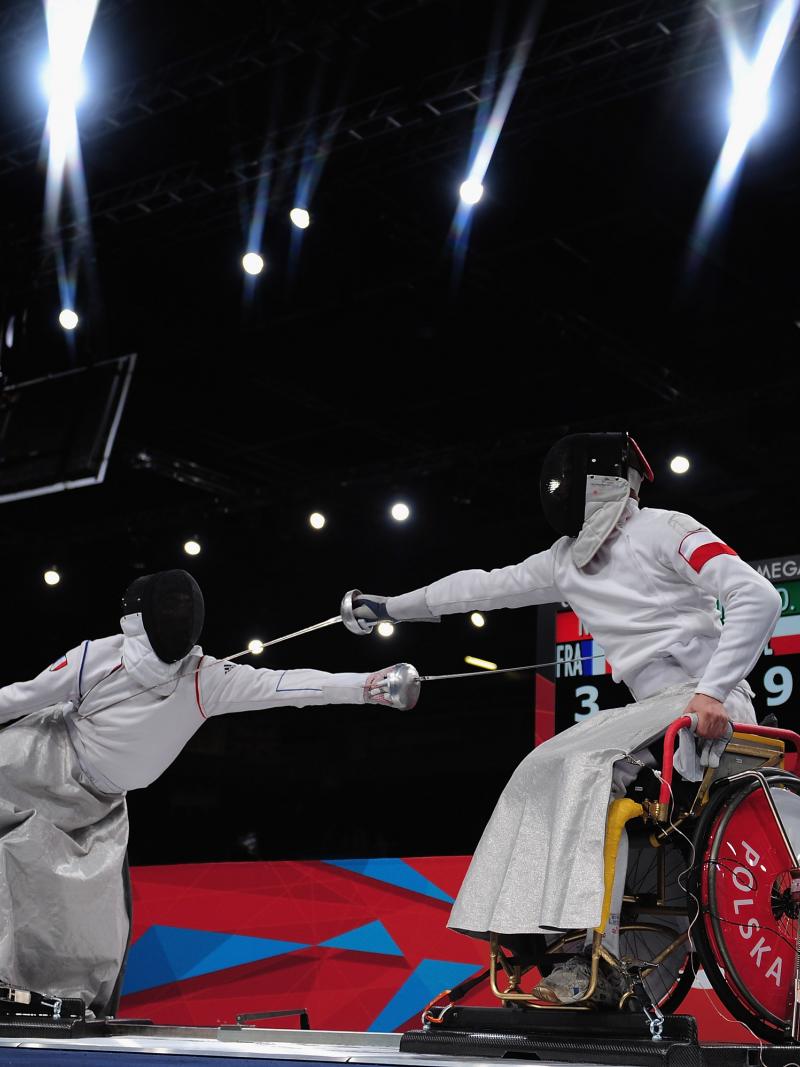 Dariusz Pender of Poland fences during his Gold Medal match against Romain Noble of France on day 7 of the London 2012 Paralympic Games.
