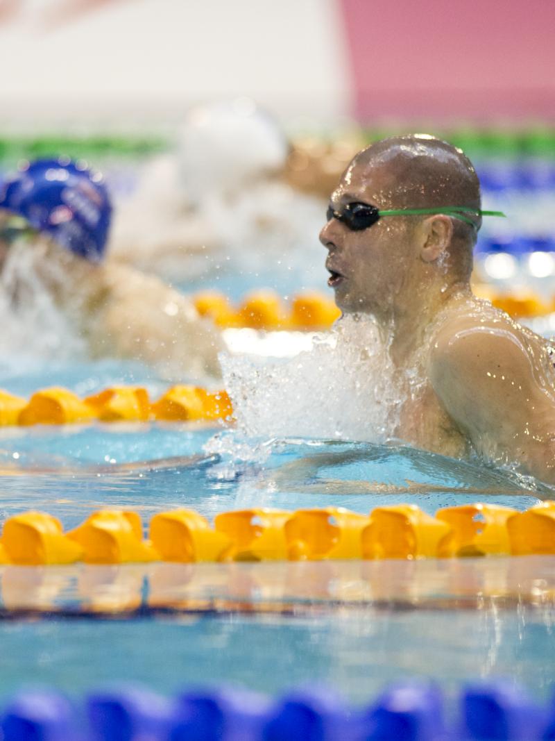 Marc Evers and Scott Quin competing in the Men's 100m Breaststroke SB14 at the 2015 IPC Swimming World Championships in Glasgow