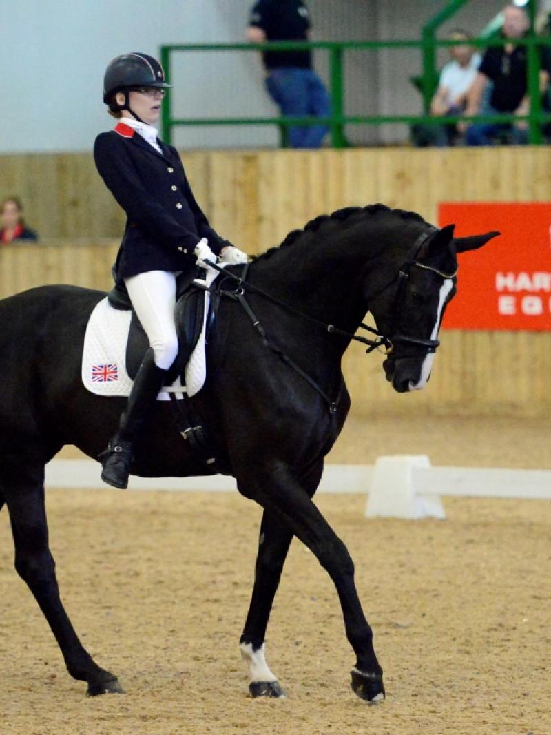 Woman riding a dark horse