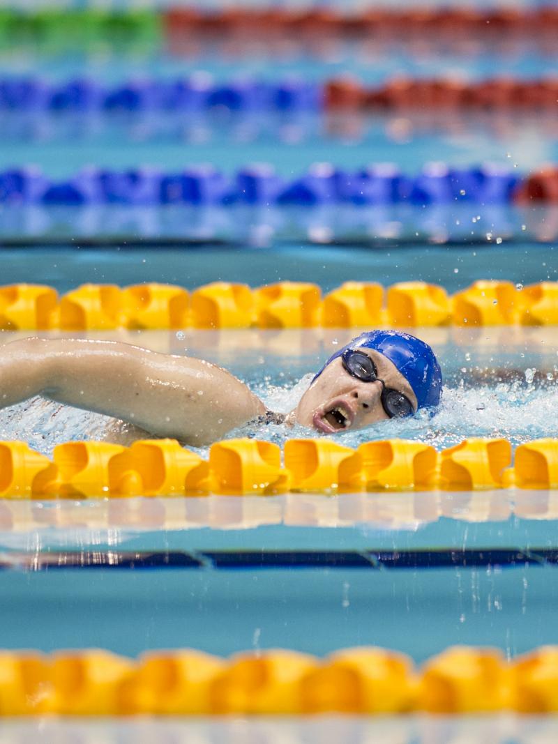 Yelyzaveta Mereshko of Ukraine competing in the Women's 400m Freestyle S6 at the 2015 IPC Swimming World Championships in Glasgow.