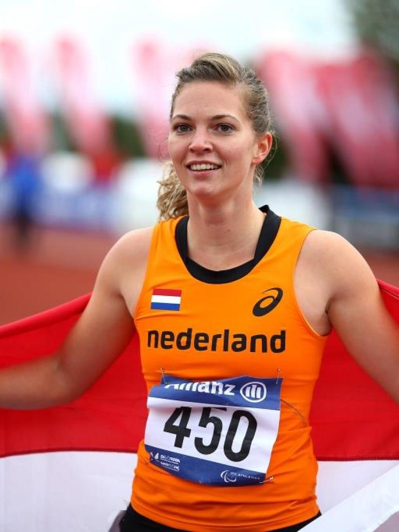 Marlou van Rhijn celebrates after winning the womens 200m T44 final during day three of the IPC Athletics European Championships at Swansea
