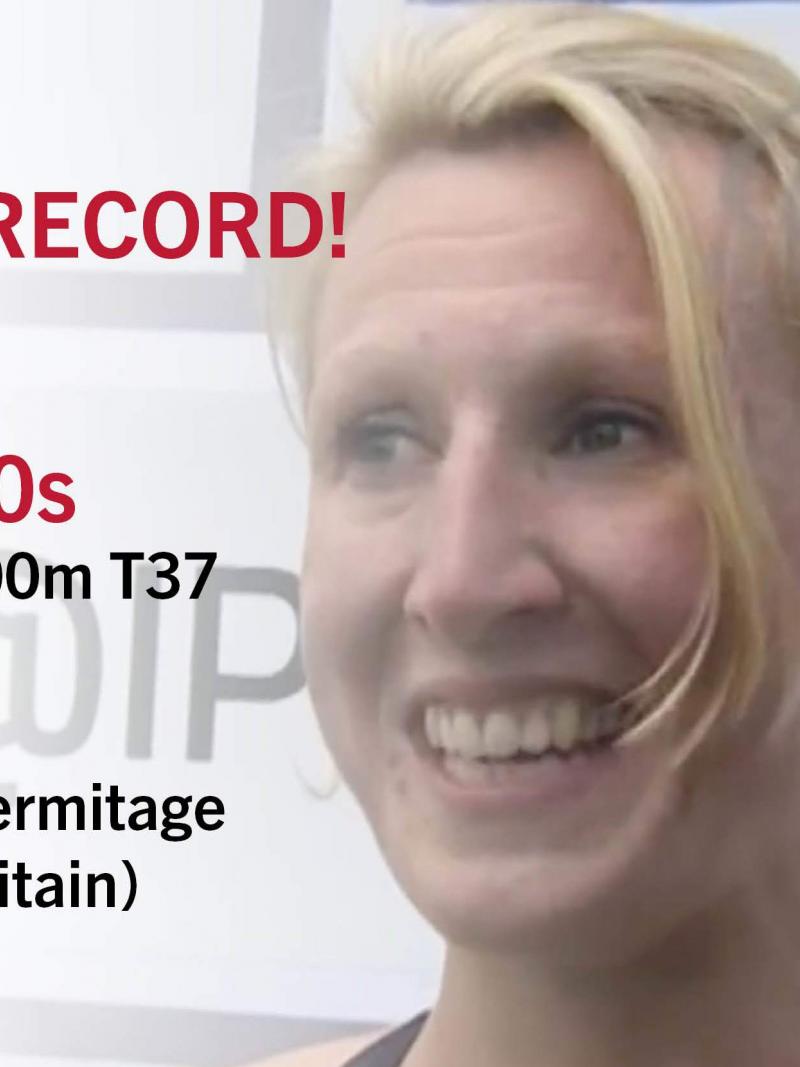 Graphic with a portrait picture of a woman and the text: World Record, 62.70s women's 400m T37, Georgina Hermitage, Great Britain