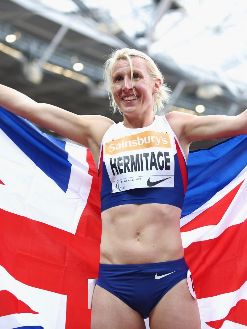 Georgina Hermitage of Great Britain celebrates winning the Women's 400m T37 race and breaking the world record at the 2015 IPC Athletics Grand Prix Final.