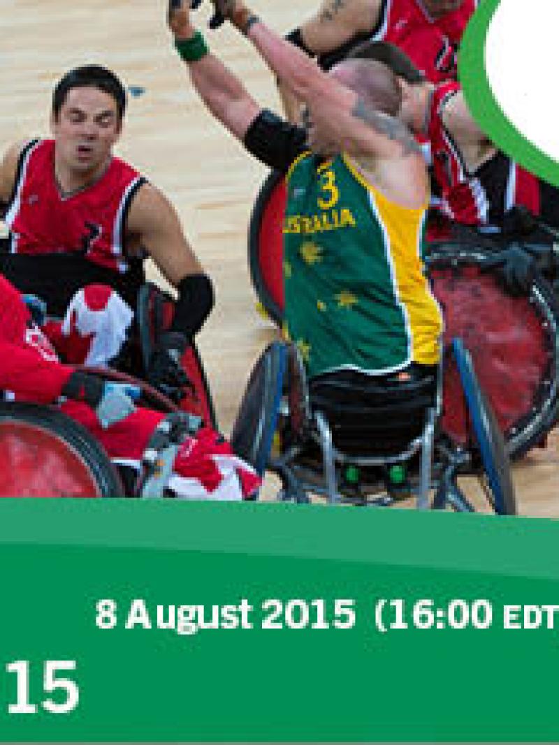 Graphic with a photo of a wheelchair rugby scene