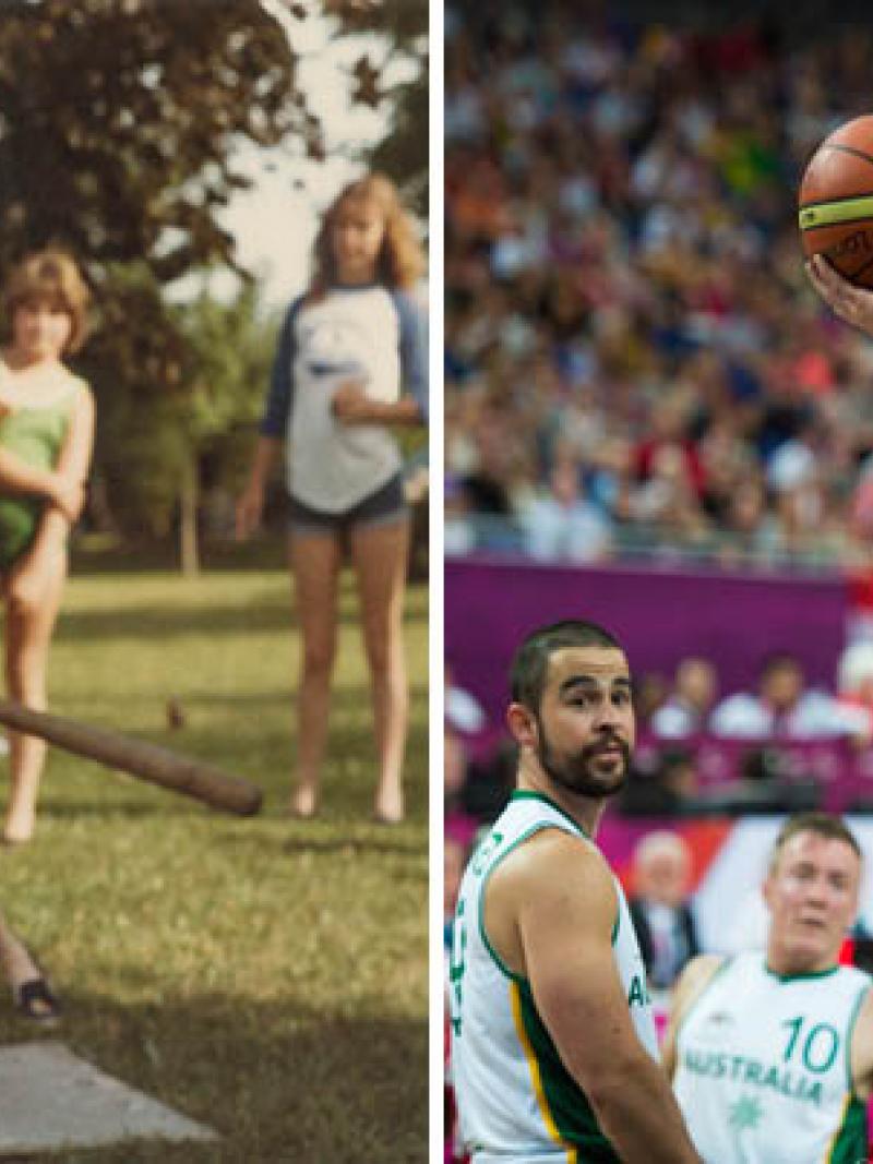 Two pictures, one of a kid with a baseball racket and one of a wheelchair basketball player