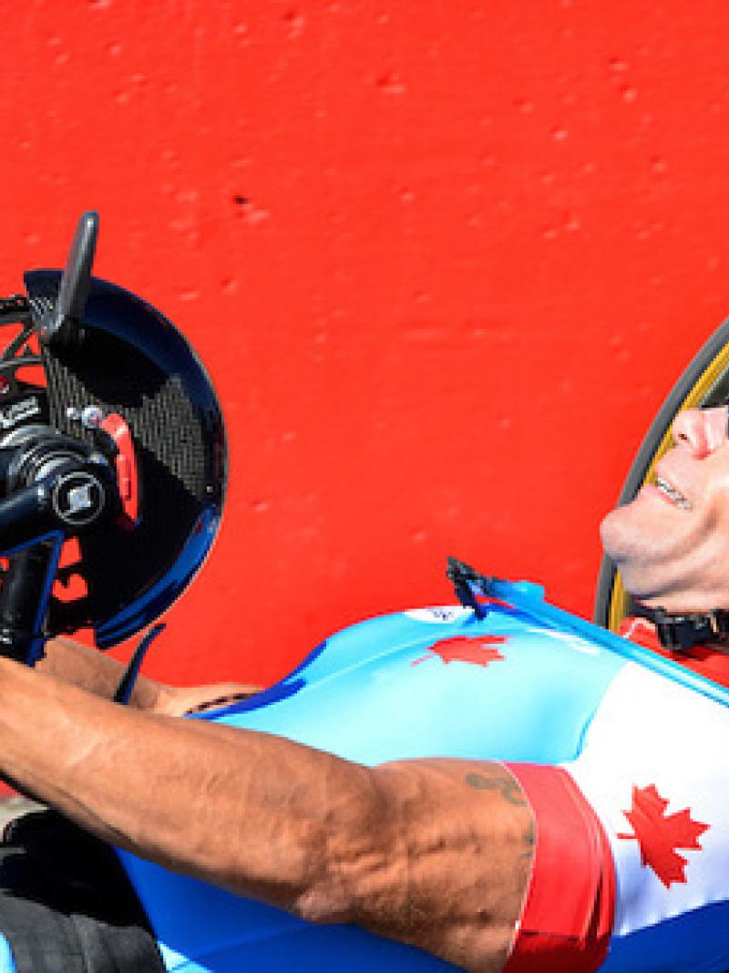 Mark Ledo of Team Canada competes in the men's individual H3 road race in the 2012 London Paralympics at Brands Hatch.