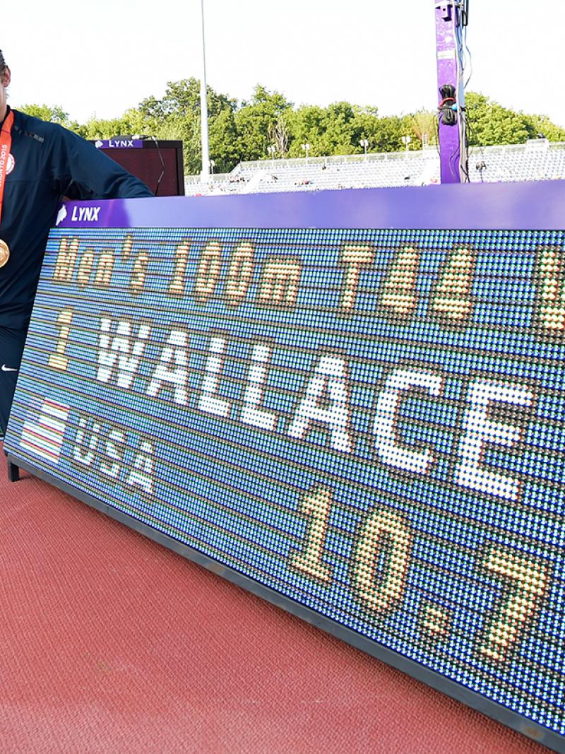 The USA's Jarryd Wallace after breaking the 100m T44 world record at Toronto 2015.