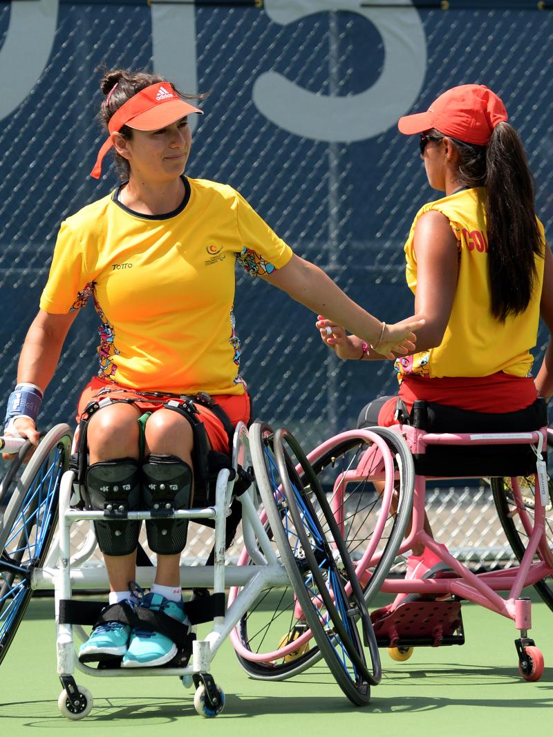 Angelica Bernal and Johana Martinez (Colombia) during the Women's Doubles Semi-Final against USA in Toronto at the 2015 Parapan American Games.