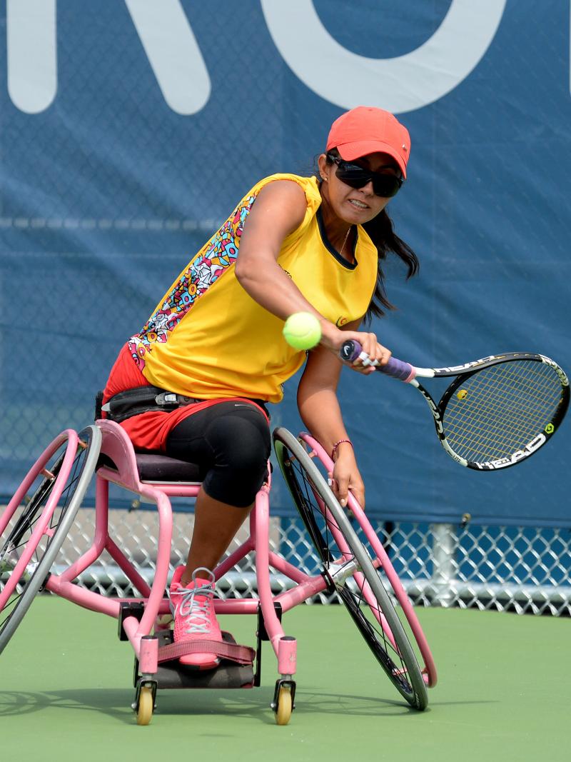Angelica Bernal, Colombia, in the women's doubles semi-final against USA at the Toronto 2015 Parapan American Games.