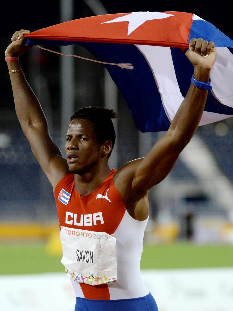 Leinier Savon Pineda of Cuba celebrating after the Men's 200M T12 in Toronto at the 2015 Parapan American Games.