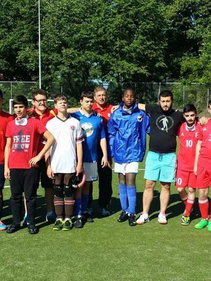 Children and coaches at the International Blinds Sports Federation (IBSA) Blind Football European Youth Camp in Hamburg, Germany.