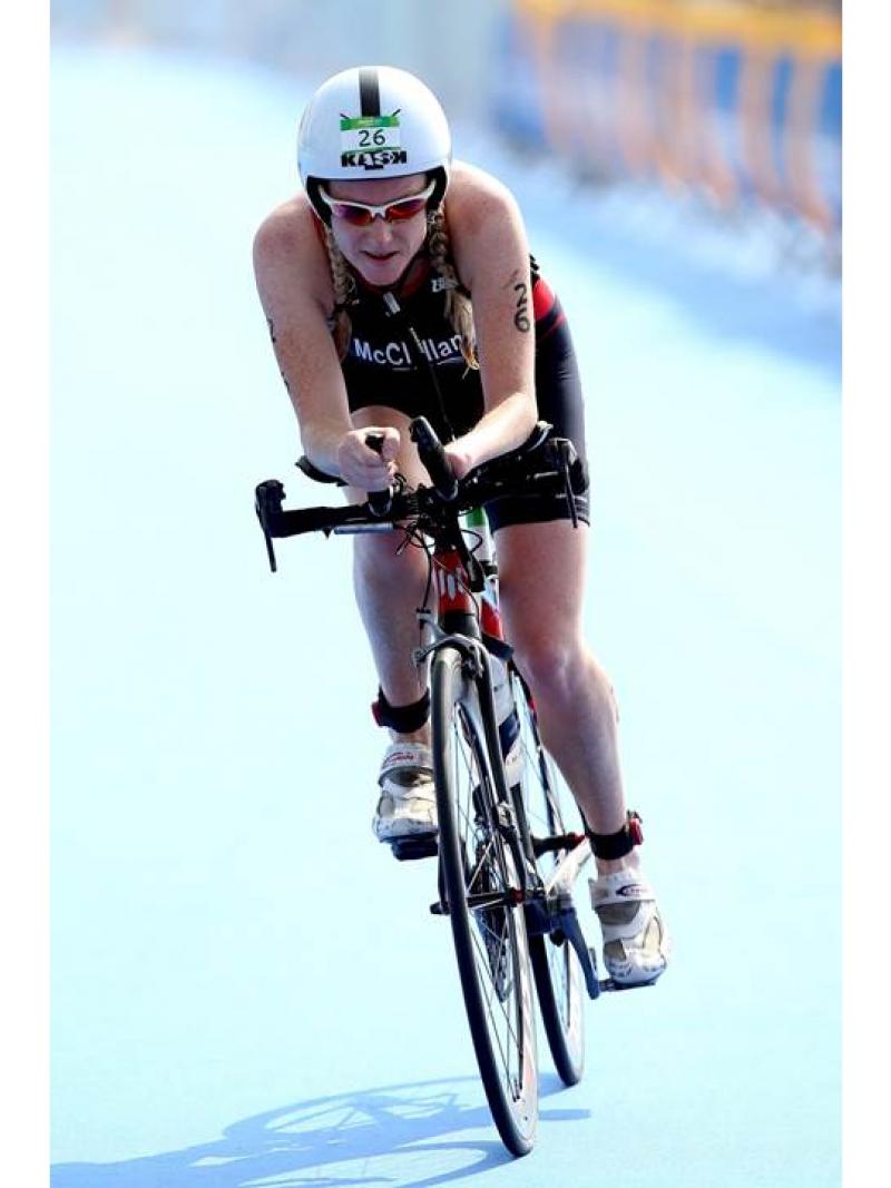 Faye McClelland #26 of Great Britain competes in the cycling portion of the womens PT4 class during the Aquece Rio Paratriathlon at Copacabana beach.