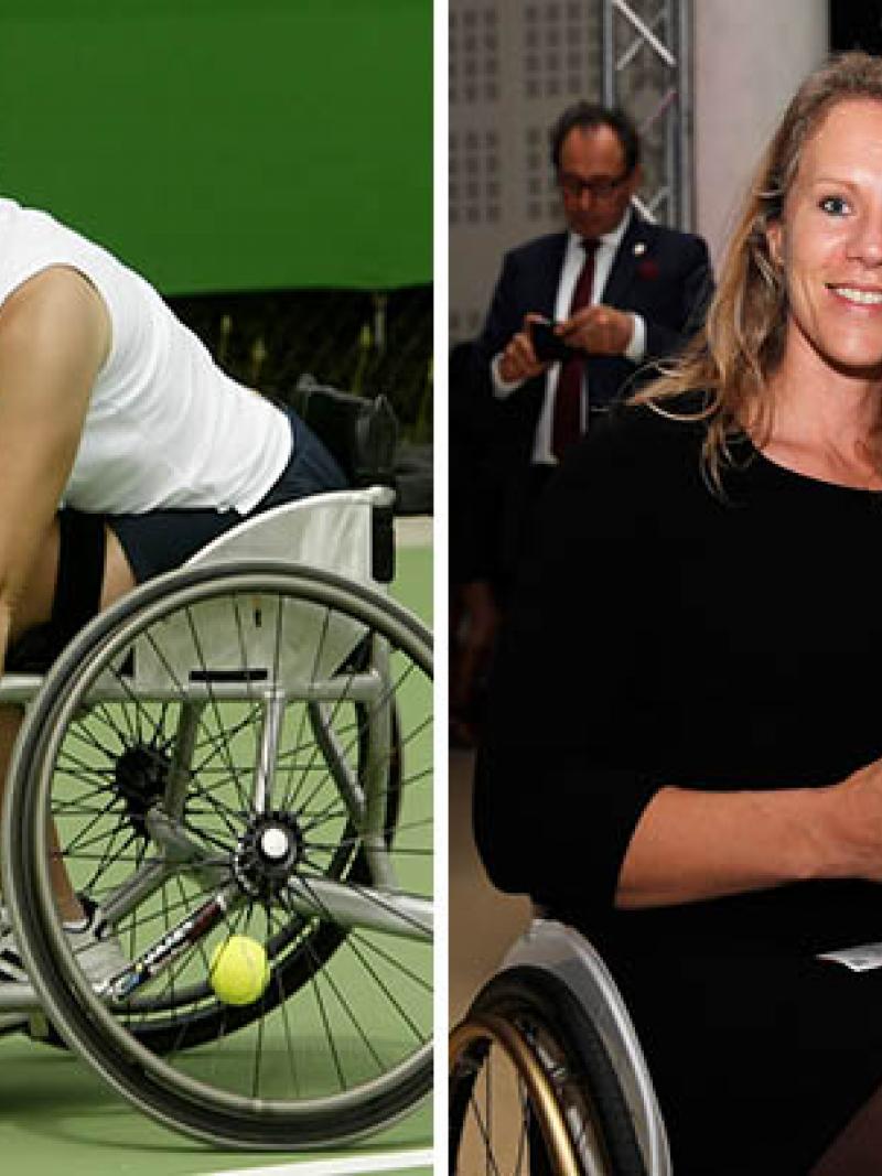 Montage with two photos, one showing a woman playing wheelchair tennis, one a woman in a wheelchair in a dress, posing with a man