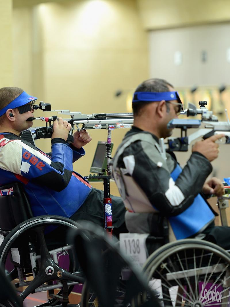Richard Davies of Great Britain competes in the Mixed R4-10m Air Rifle Standing Shooting - SH2 qualifying at the London 2012 Paralympic Games.